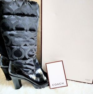 Coach Loryn Quilted Black heel boots, 7.5 women's winter mid calf evening down